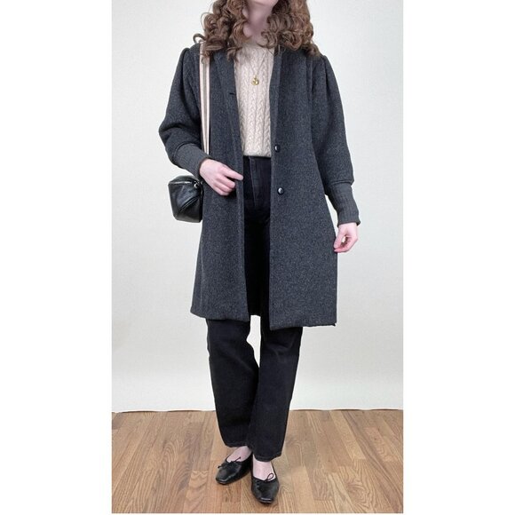 Vintage 80s Parisian Wool Peacoat Jacket Puff Sleeve Long Cuffs French Pea Coat - Picture 10 of 10